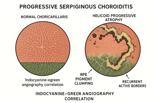 Diagram illustrating progressive serpiginous choroiditis with indocyanine-green angiography correlation, showing normal choriocapillaris and helicoid progressive atrophy with RPE pigment clumping and 