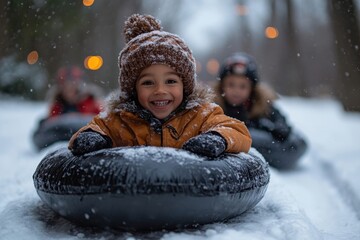 Young boy sledding down snowy hill, smiling.