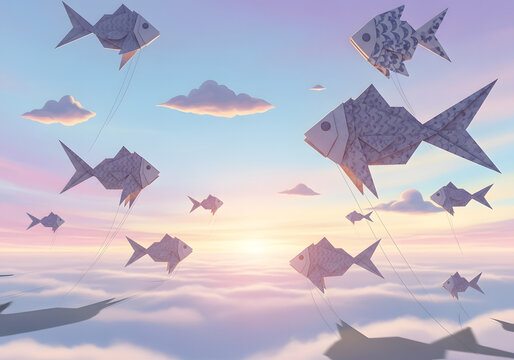 Vector illustration of an abstract origami paper landscape with blue sky and flying clouds - Powered by Adobe