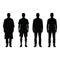 Silhouettes of four diverse men in casual and professional attire standing together side by side full body view silhouette