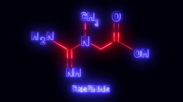 Abstract glowing neon skeletal Formula of creatine showing Nitrogen ,Hydrogen , Carbon and Oxygen Atoms .4k motion graphics video black background .