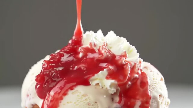 A close-up shot of vanilla ice cream being drizzled with strawberry sauce and topped with whipped cream.