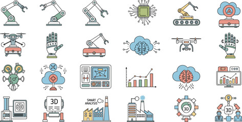 Robotics, artificial intelligence, drones, 3D printing, smart factory, automation, cloud computing, technology icons, vector illustration