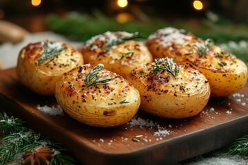 Baked potatoes with herbs and salt on wooden board.