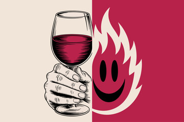 This illustration features a glass of red wine alongside a bright flame and smiley face, symbolizing joy, passion, and celebration with a creative twist on emotions.