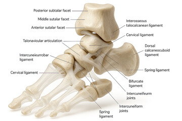 Detailed 3D Illustration of Human Foot Anatomy, Labeling Bones and Ligaments