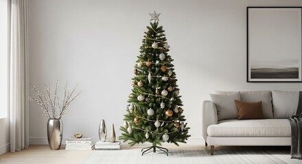 Decorated Christmas tree in a minimalist living room with a sofa