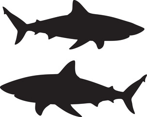 Two black shark silhouettes swimming in opposite directions silhouette