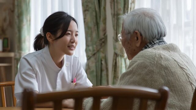 女性が白衣で高齢男性に穏やかに対応する場面