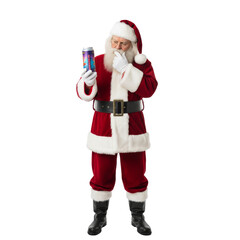 PNG cut out isolated background. A full-length studio shot of Santa Claus standing with a curious and thoughtful expression while examining a modern, colorful beverage can