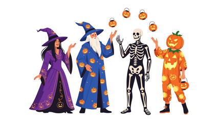Halloween Gathering: A collection of iconic Halloween figures, including a witch, wizard, skeleton, and pumpkin, gather for a night of spooky fun, bringing forth the essence of the holiday.