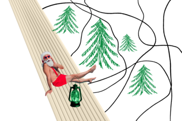 Composite photo collage of astonished old man santa claus winter resort pool party sunbath new year haked isolated on painted background