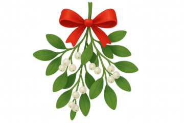 Mistletoe sprig with red bow and white berries, symbolizing christmas, holidays, romance, and tradition on transparent background