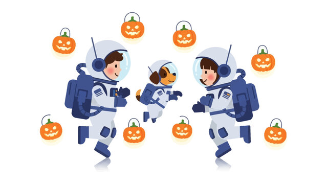Spooky Space Explorers: Two young space explorers, accompanied by a friendly cosmonaut canine, embark on a whimsical Halloween adventure, surrounded by floating jack-o'-lanterns.