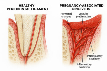 Comparison of healthy periodontal ligament and pregnancy-associated gingivitis illustration