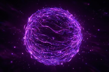 Abstract purple sphere made from waves rotating against a background of glowing particles. Neon digital orb fantasy magician shiny fractal energy turning technology animation.