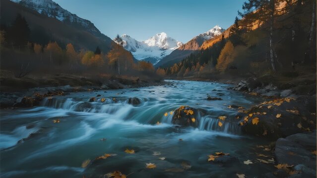 A serene mountain river flows through a forested valley with snow-capped peaks in the background during golden hour.