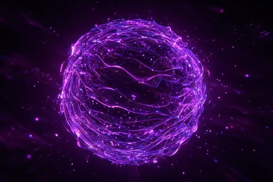 Abstract purple sphere made from waves rotating against a background of glowing particles. Neon digital orb fantasy magician shiny fractal energy turning technology animation.