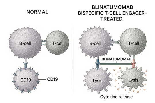 Illustration comparing normal B-cell and T-cell interaction with B-cell and T-cell interaction treated with Blinatumomab, demonstrating B-cell lysis and cytokine release.