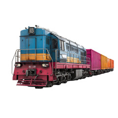 Obraz premium Colorful freight train moving along tracks during the day in a rural area