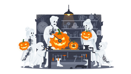 Family's Halloween Pumpkin Carving Ritual: A whimsical depiction of a ghostly family gathering to carve pumpkins, capturing the spirit of Halloween with a touch of festive cheer.