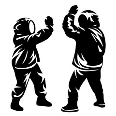 Two people in heavy winter coats playing or possibly fighting outside