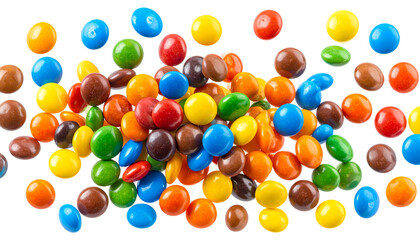 Colorful round candies in a chaotic, scattered arrangement