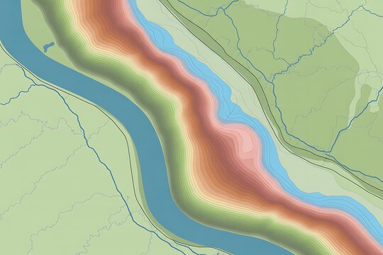 Detailed topographic map showcasing river valley, mountains, and vibrant landscape with contour lines perfect for geographical studies and environmental reports