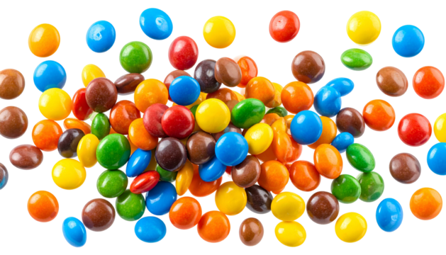 Colorful round candies in a chaotic, scattered arrangement