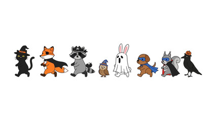 Fototapeta premium Halloween Animal Parade: A charming and whimsical illustration presents a group of adorable animals, each dressed in their unique Halloween costumes, creating a delightful and festive atmosphere.