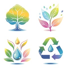 Fototapeta premium Vibrant environmental icons symbolizing nature's elements and sustainable actions
