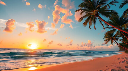 Tropical Beach Sunset with Palm Trees and Golden Sky