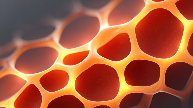 Regenerative cells in action glowing with energy create dynamic organic network structure in warm tones