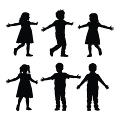 Collection of diverse children silhouettes celebrating joyful movement and playful poses for creative projects silhouette