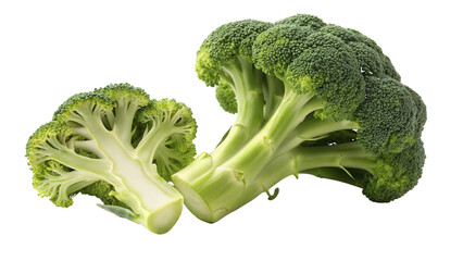 Fresh green broccoli head and a cut half isolated on a transparent background