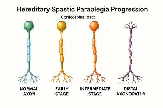 Illustration of the progression of Hereditary Spastic Paraplegia, showing normal axon and stages of axon degeneration.
