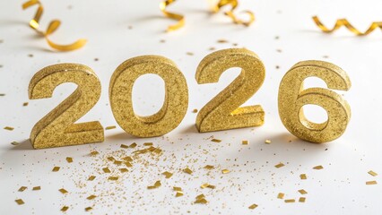 Golden glitter numbers 2026 with confetti and ribbon on white background