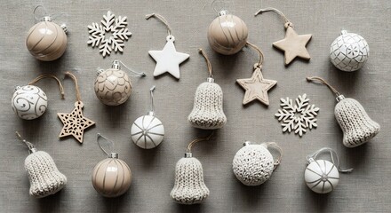 Flat lay of assorted neutraltoned Christmas ornaments on textured gray fabric