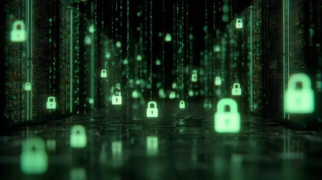デジタルマトリックスに浮かぶ緑の南京錠