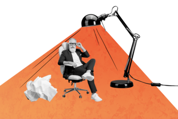 Creative 3D photo collage trend artwork template of worker office manager aged man sit armchair ball paper trash lamp light creative