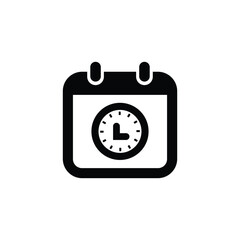 Black Calendar Icon with Clock Symbol on a Transparent Background Silhouette Style