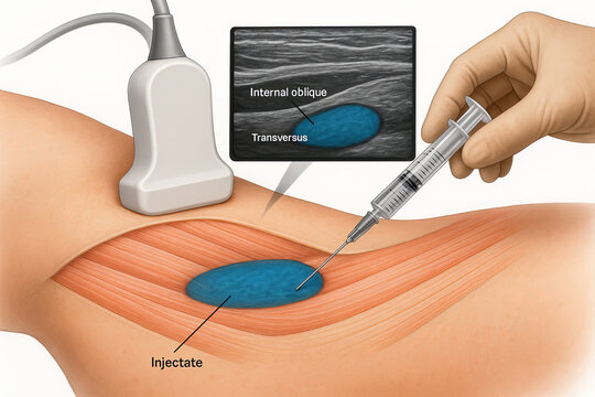 Ultrasound-guided injection procedure, showing a needle inserting injectate into muscle tissue while an ultrasound probe displays cross-sectional views.