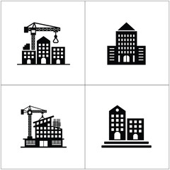 Obraz premium Building Construction Icon Set on White, Black Skyscrapers With Cranes