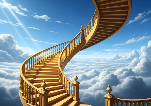 Stairway to heaven, a wooden pier leading over blue ocean water toward a cloudy summer sky and nature landscape view - Powered by Adobe