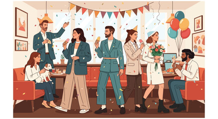 Celebrating birthday party. Happy men and women with cake, confetti, garland and firework at festive corporate party. Smiling people or colleagues at holiday or event. Cartoon flat vector illustration