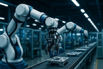 Futuristische Roboterarme arbeiten an einer automatisierten Produktionslinie