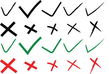 Brush, marker drawn green check mark and red cross icon set. Doodle hand drawn chalk check mark set
