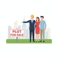 An agent and prospective buyers examine a land plot on sale; design a distinctive illustration for a website, app, or presentation