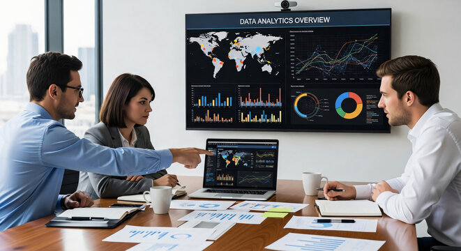 Diverse business team analyzing data charts and graphs on a large screen during a corporate meeting showcasing data analytics and strategy