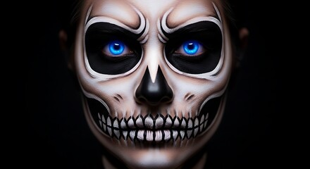 Naklejka premium Stunning skeleton face paint for Halloween celebration with glowing blue eyes